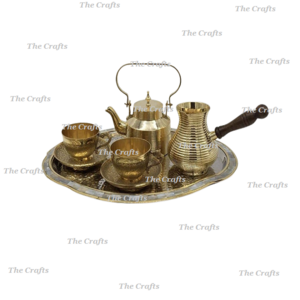 Set Of Coffee Tea Pot Kettle Two Cup Saucer And Tray In Brass Gold Color For Kitchenware Usage At Best Price