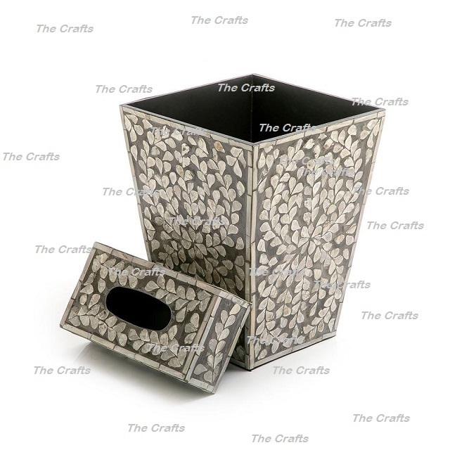 Wooden And Mother Of Pearl Work Waste Bin With Napkin Holder Square Shape Garbage Bin Dust Bin In Bulk