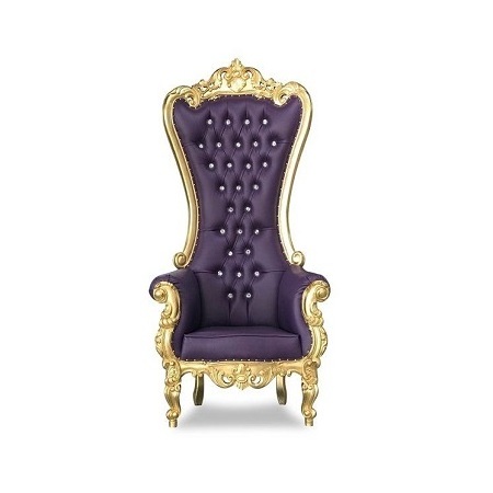 King Throne Chair Purple And Gold Color Wood And Leather Tufted Button Chair With Long Back Wedding Use