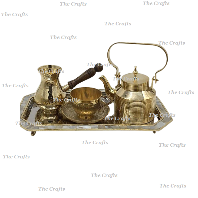 Set Of Coffee Tea Pot Kettle Two Cup Saucer And Tray In Brass Gold Color For Kitchenware Usage At Best Price