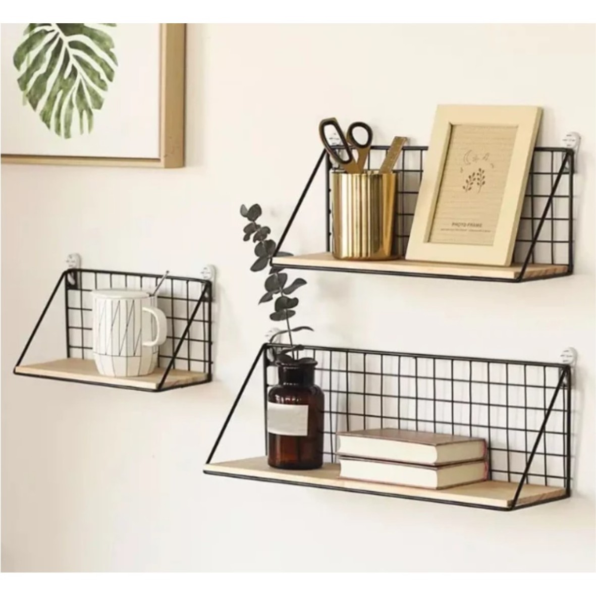 Modern Iron Wall Mounted Shelf With Wooden Slab Storage Rack Wall Decoration Shelf For Living Room Bedroom Kitchen Multi Purpose