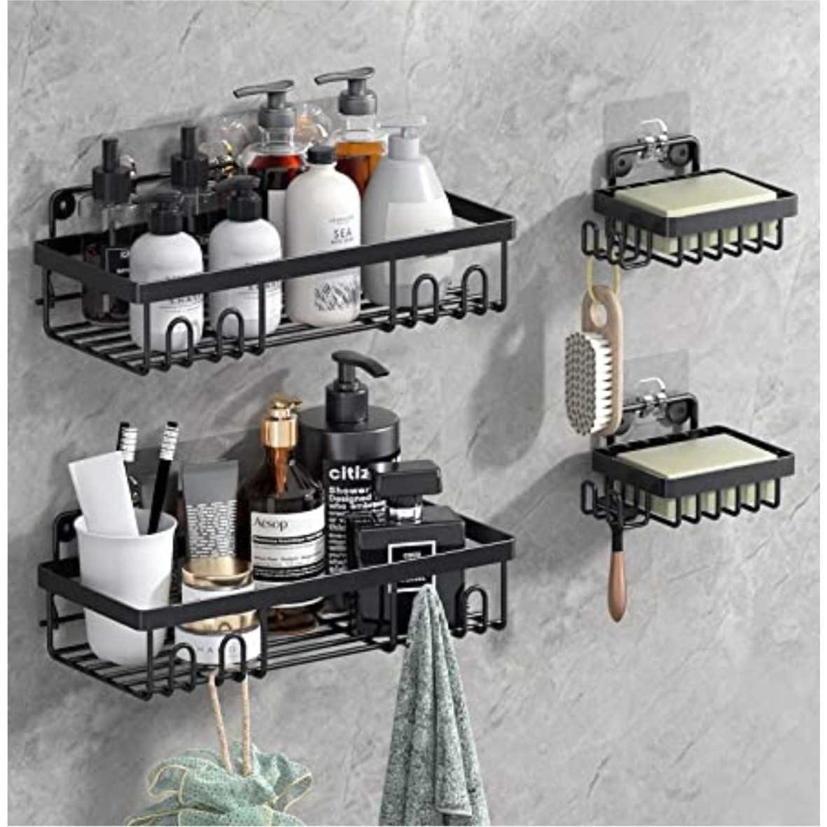 Bathroom Rack  Kitchen Storage Multipurpose Rack with Set of 4 Hook Adhesive Metal Shelf (Black) (Bathroom and Kitchen Shelve)