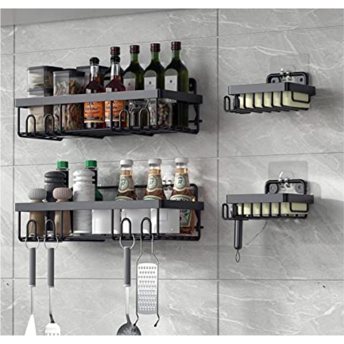 Bathroom Rack  Kitchen Storage Multipurpose Rack with Set of 4 Hook Adhesive Metal Shelf (Black) (Bathroom and Kitchen Shelve)