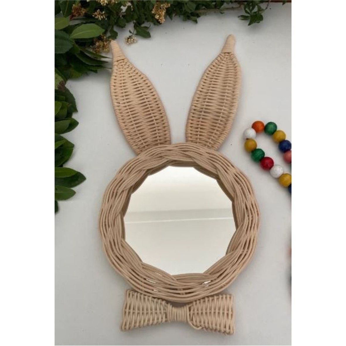 Latest Design Modern Rattan Rabbit Style Wall Hanging Decorative Mirror Wicker Sea Grass Wall Mirror For Living Room Bedroom