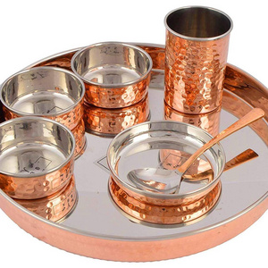 Antique Copper Thali Set with 7 pcs Handcrafted Copper Plate for Dinner Decorative Royal Thali For Hotel Glossy Silver Finished