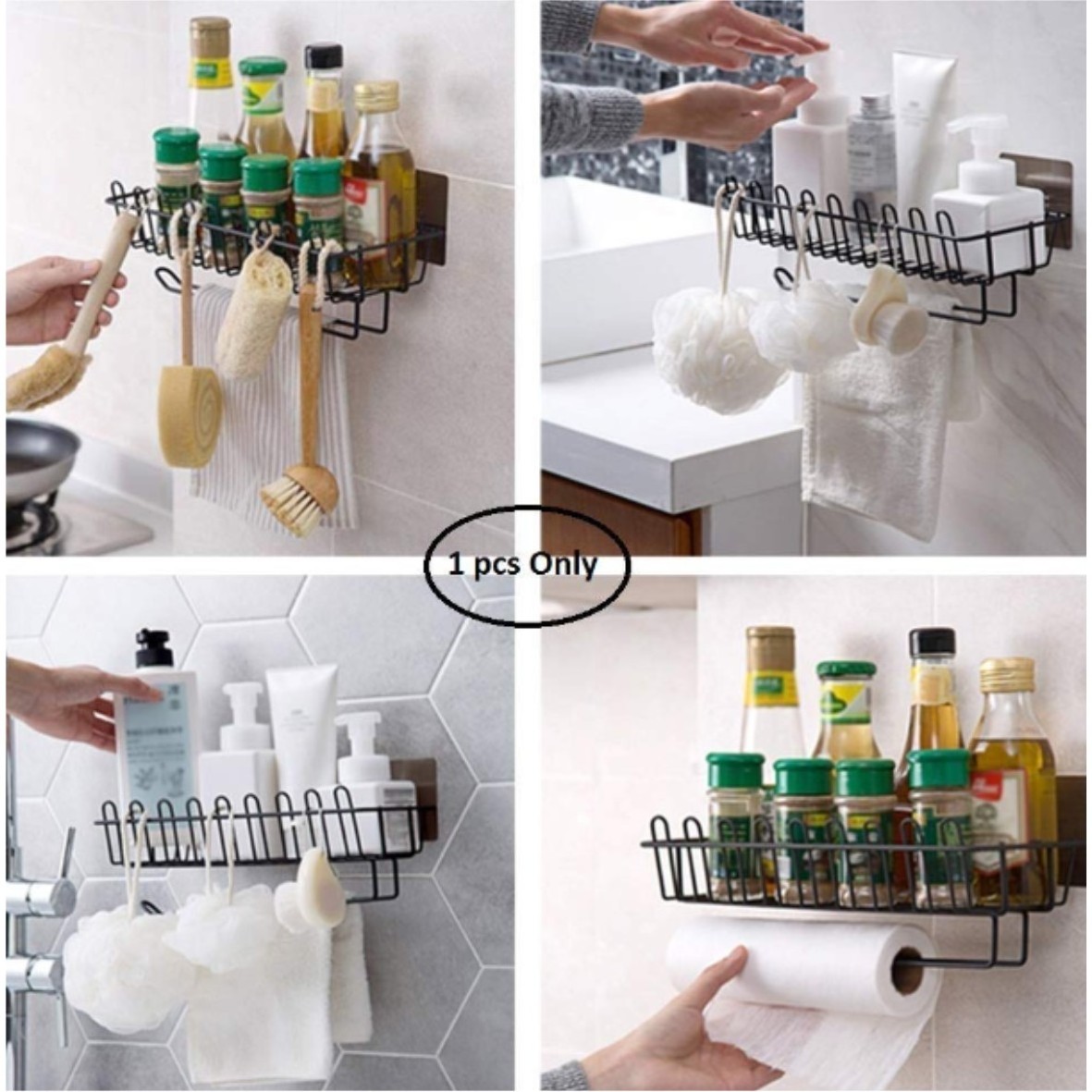 Unique Pure Metal Multipurpose Wall Mount Bathroom Rack Storage Shelf with Towel Stand Holder Bars and Hanger Hooks (Medium)