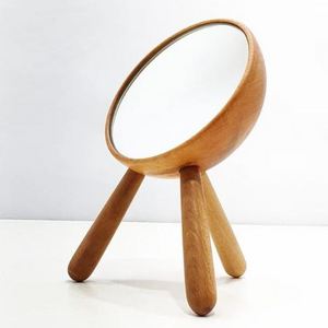 Elegant Wooden Natural Polished Round Tabletop Mirror Small Portable Wood Mirror with 3Stand Best Mirror For Makeup Christmas