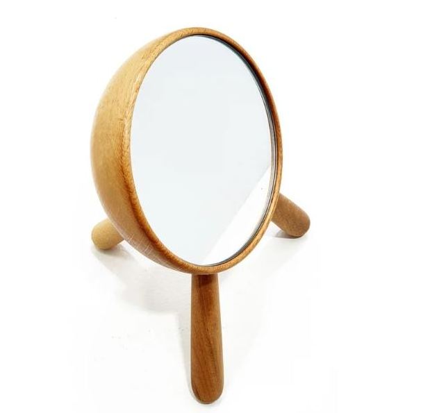 Elegant Wooden Natural Polished Round Tabletop Mirror Small Portable Wood Mirror with 3Stand Best Mirror For Makeup Christmas