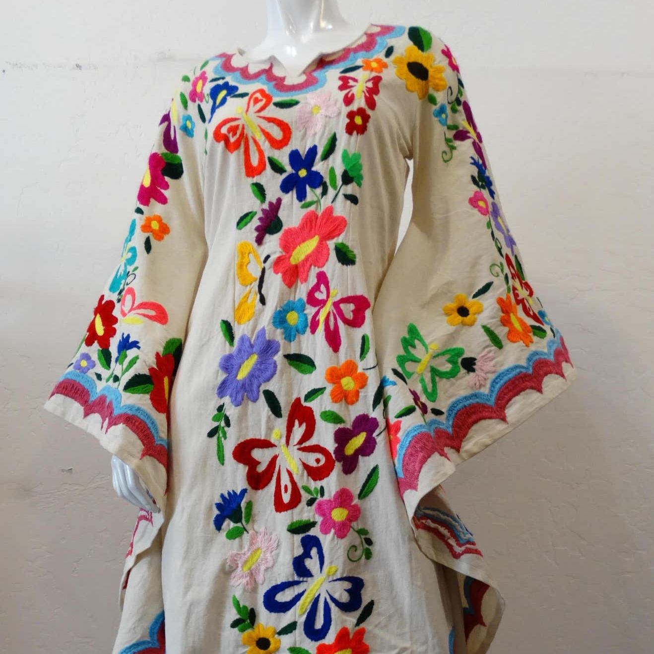 Mexican Style Handwork Embroidered Butterfly Sleeve Kaftan Caftan Wedding Festival Boho 100% Cotton maxi Dress