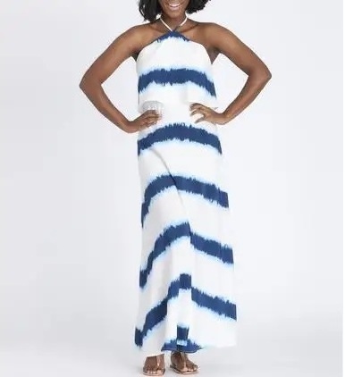 New Arrival Sleeveless Tie And Dye White Dress With Blue Stripes For Women Long Maxi Party Wear Dress