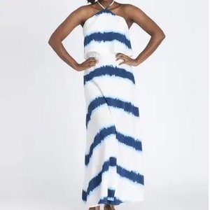 New Arrival Sleeveless Tie And Dye White Dress With Blue Stripes For Women Long Maxi Party Wear Dress