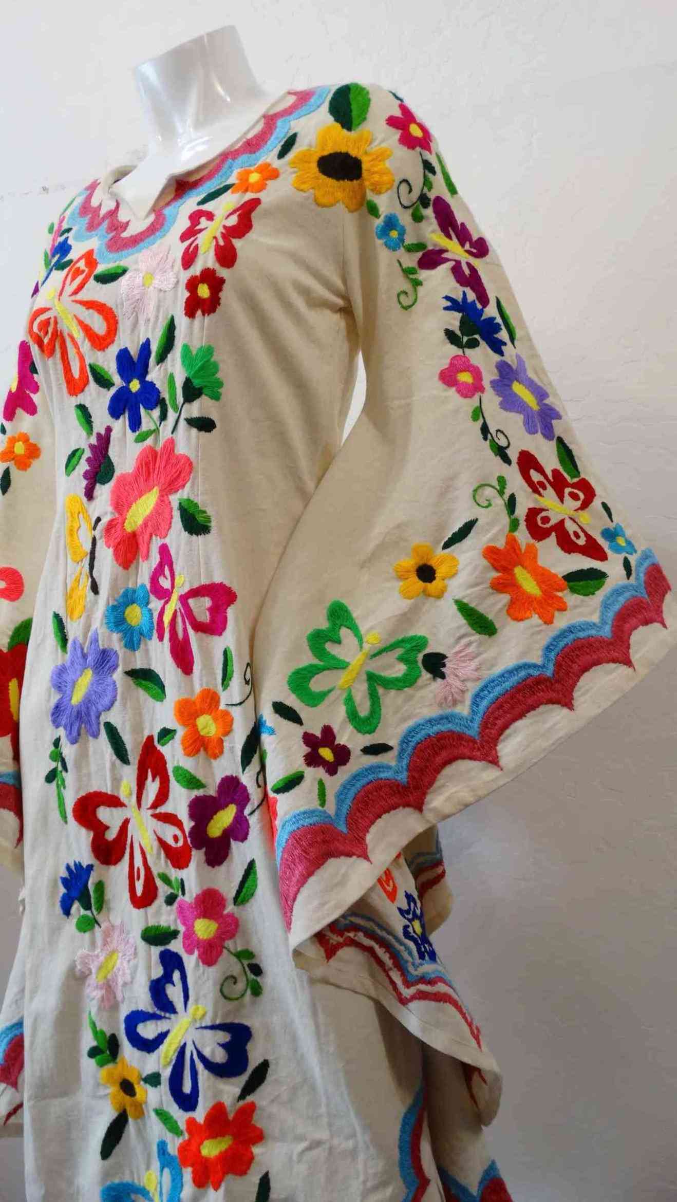 Mexican Style Handwork Embroidered Butterfly Sleeve Kaftan Caftan Wedding Festival Boho 100% Cotton maxi Dress