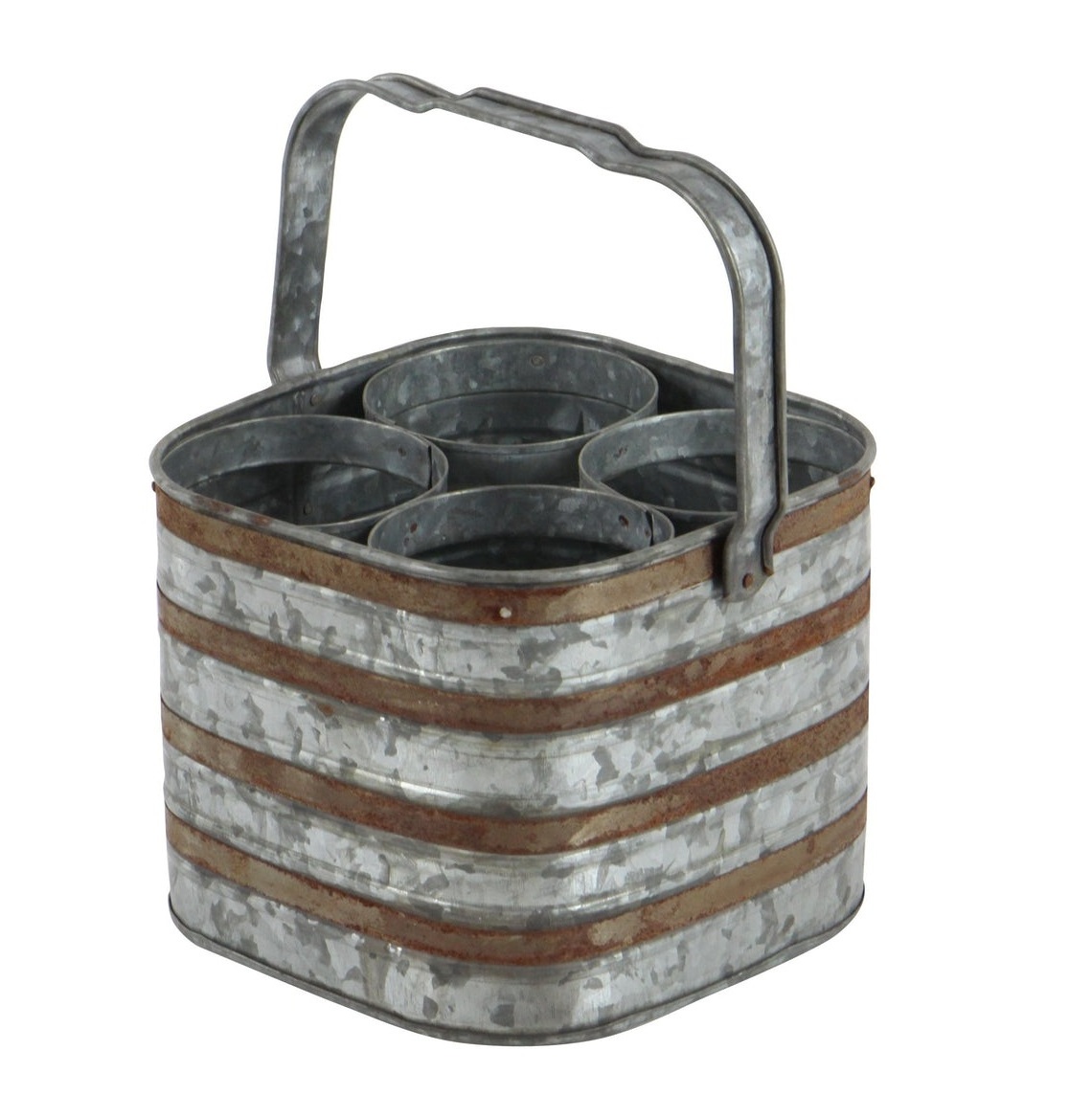 Metal Galvanized Farmhouse 4-Slot Metal Wine Bottle Holder with Handle