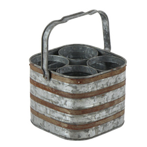 Metal Galvanized Farmhouse 4-Slot Metal Wine Bottle Holder with Handle