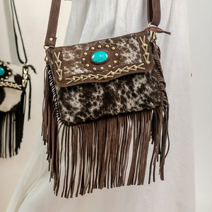 Genuine Cow Hide Leather Bag For Women Gift's Western Style Fringe Stone Handwork Suede Leather Hair On Sling Leather Bag's