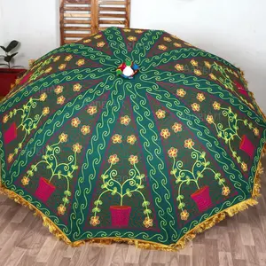 New Green Unique Print Design Umbrella With Floral Print Hand Block Patio Umbrella For Decor beautiful Beach Patio luxury