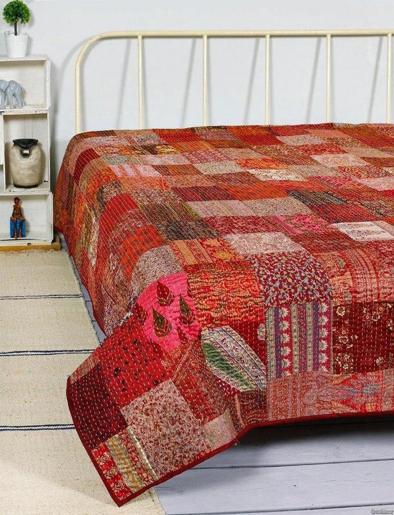 Bohemian Vintage Indian Silk Patola Quilt Patchwork Sari Kantha Bedspread Throw Blanket with Quilted Kantha Stitching