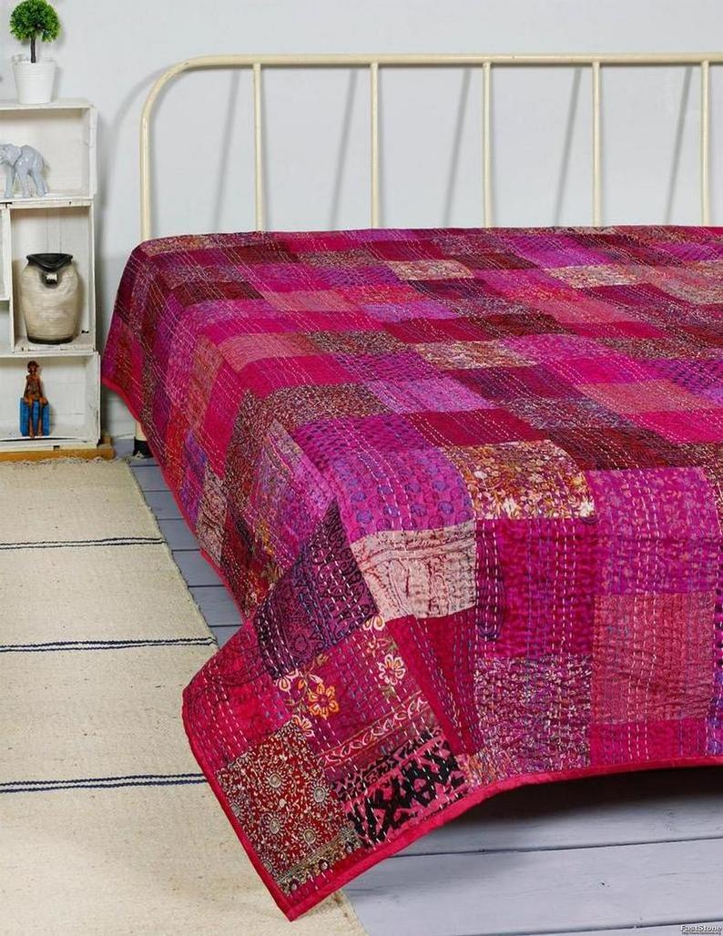 Bohemian Vintage Indian Silk Patola Quilt Patchwork Sari Kantha Bedspread Throw Blanket with Quilted Kantha Stitching