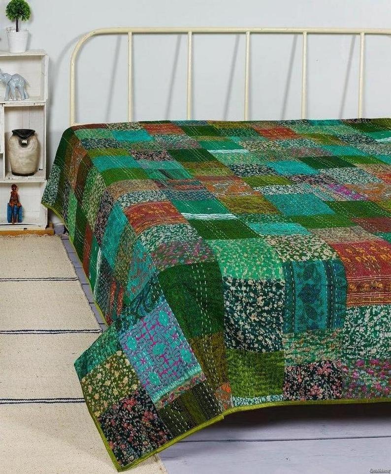 Bohemian Vintage Indian Silk Patola Quilt Patchwork Sari Kantha Bedspread Throw Blanket with Quilted Kantha Stitching