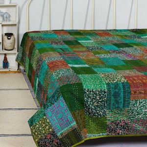 Bohemian Vintage Indian Silk Patola Quilt Patchwork Sari Kantha Bedspread Throw Blanket with Quilted Kantha Stitching