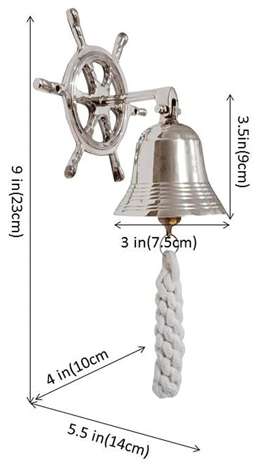 Brass Nautical Bell with Captain's Wheel Hook: Pirate Ship Marine Wall Hanging Silver