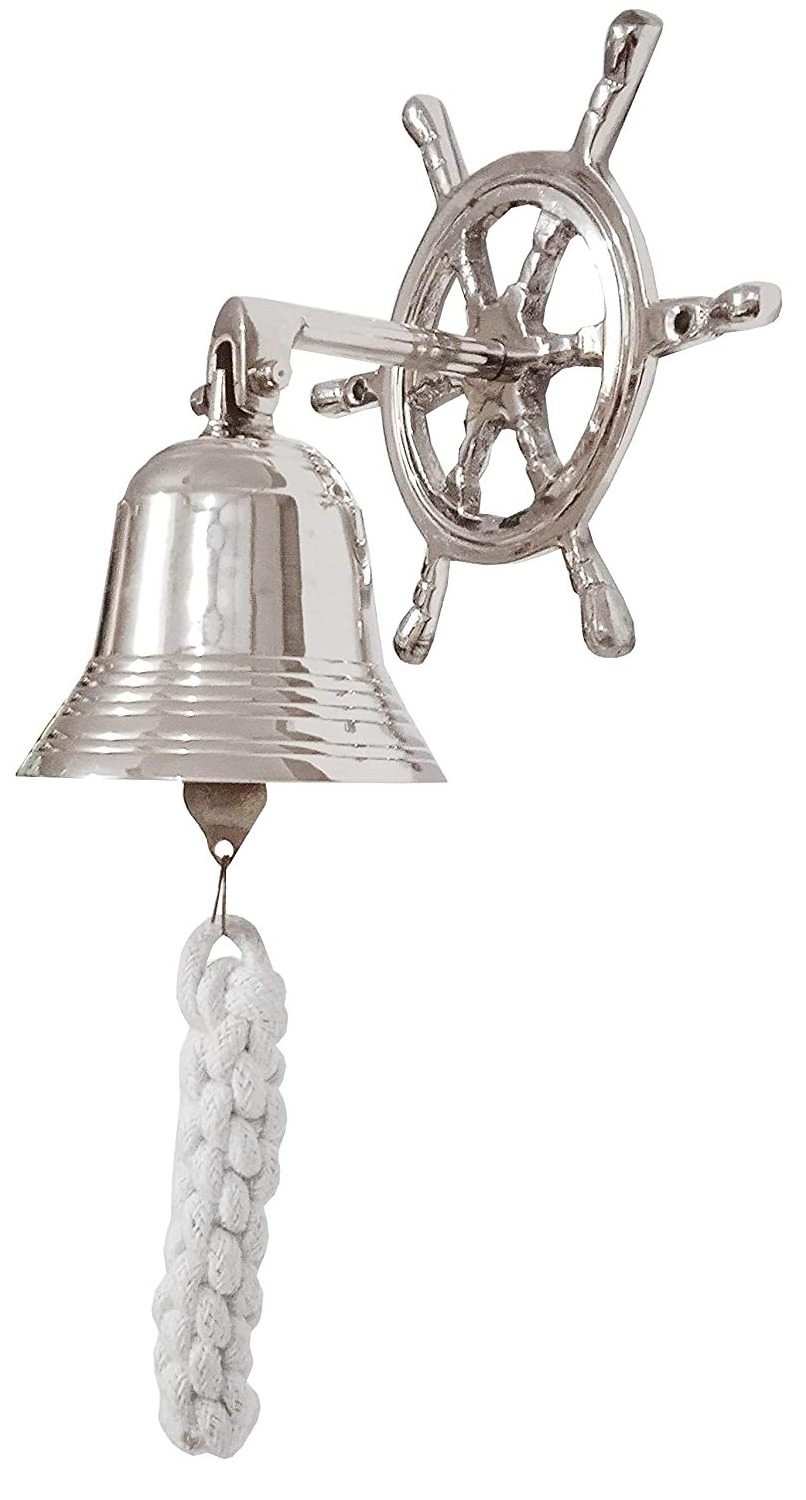 Brass Nautical Bell with Captain's Wheel Hook: Pirate Ship Marine Wall Hanging Silver