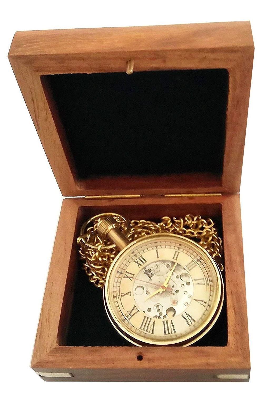 Designer Mechanical Pocket Watch with Chain and Wooden Box Direct Selling Available At Wholesale Price