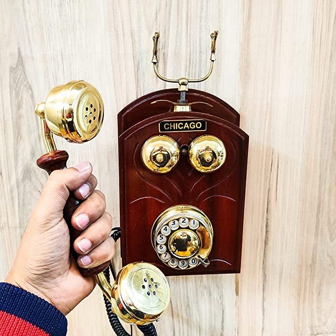 Antique Style Wood Made Handmade Royal King Telephone Wall Hanging Collectible Home and office brass telephone Decorative item