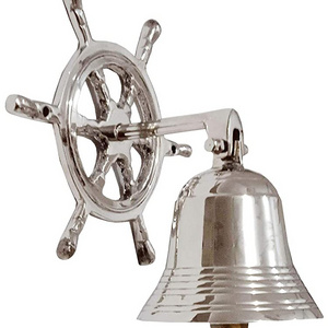 Brass Nautical Bell with Captain's Wheel Hook: Pirate Ship Marine Wall Hanging Silver