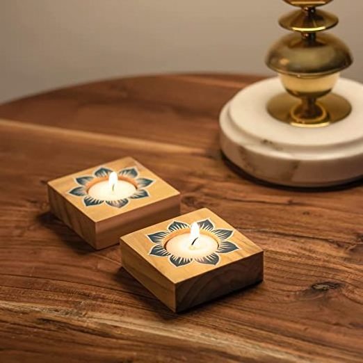 wooden Pine Wood Tea Light Holder Set of 2 Candle Light Holder Home Decorative Celebrations  Wooden Crafts use for gifting