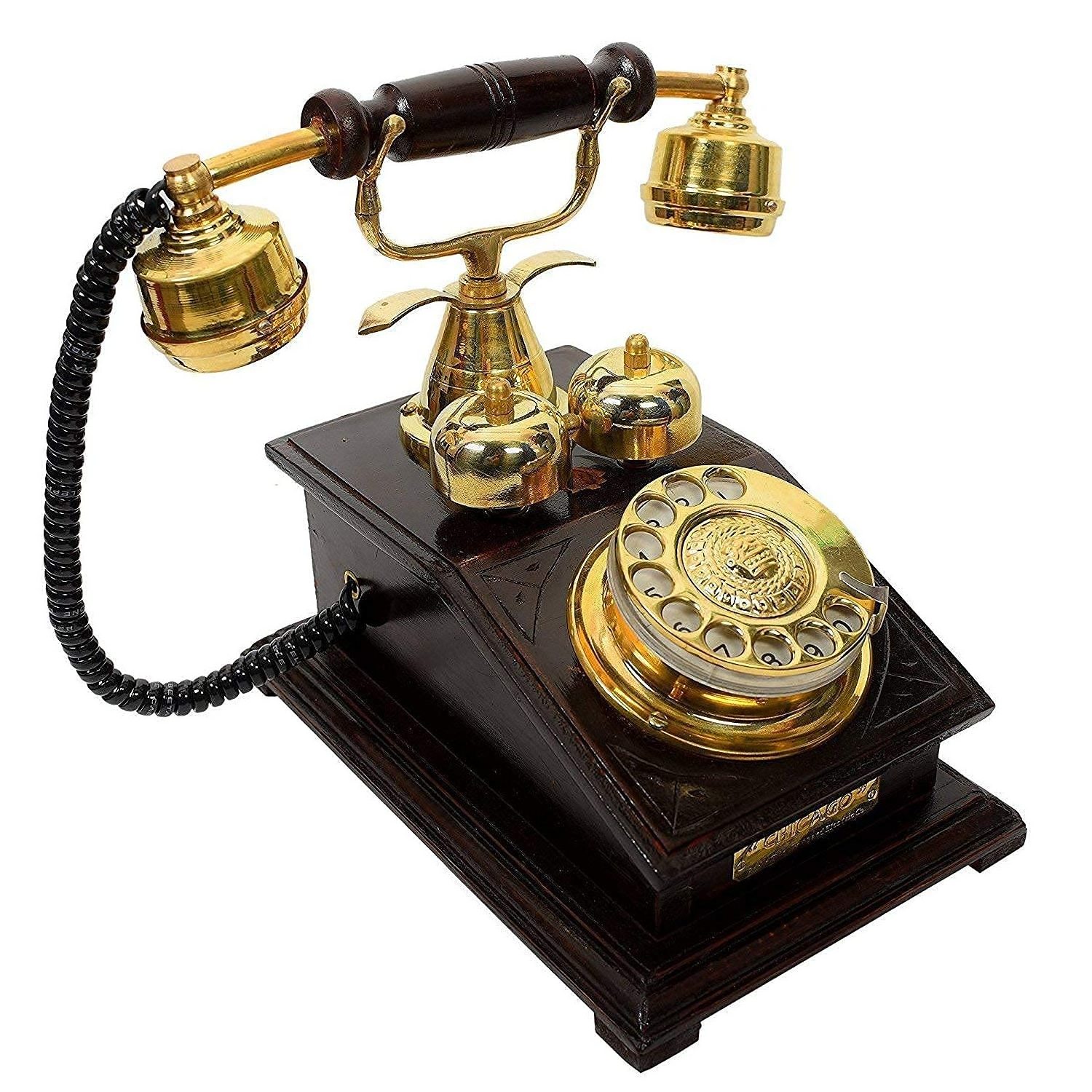 wooden Vintage Collection Black Brass Antique Antique Wooden Landline Working Telephone (Brown)