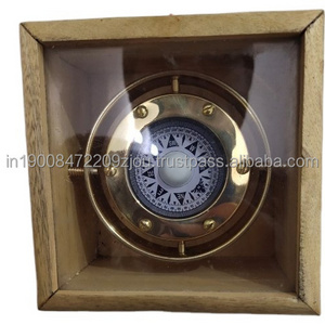 Brass Sailor Compass Vintage Functional Sundial Compass with Calendar Wooden Box Marine Item for Hiking Travelling