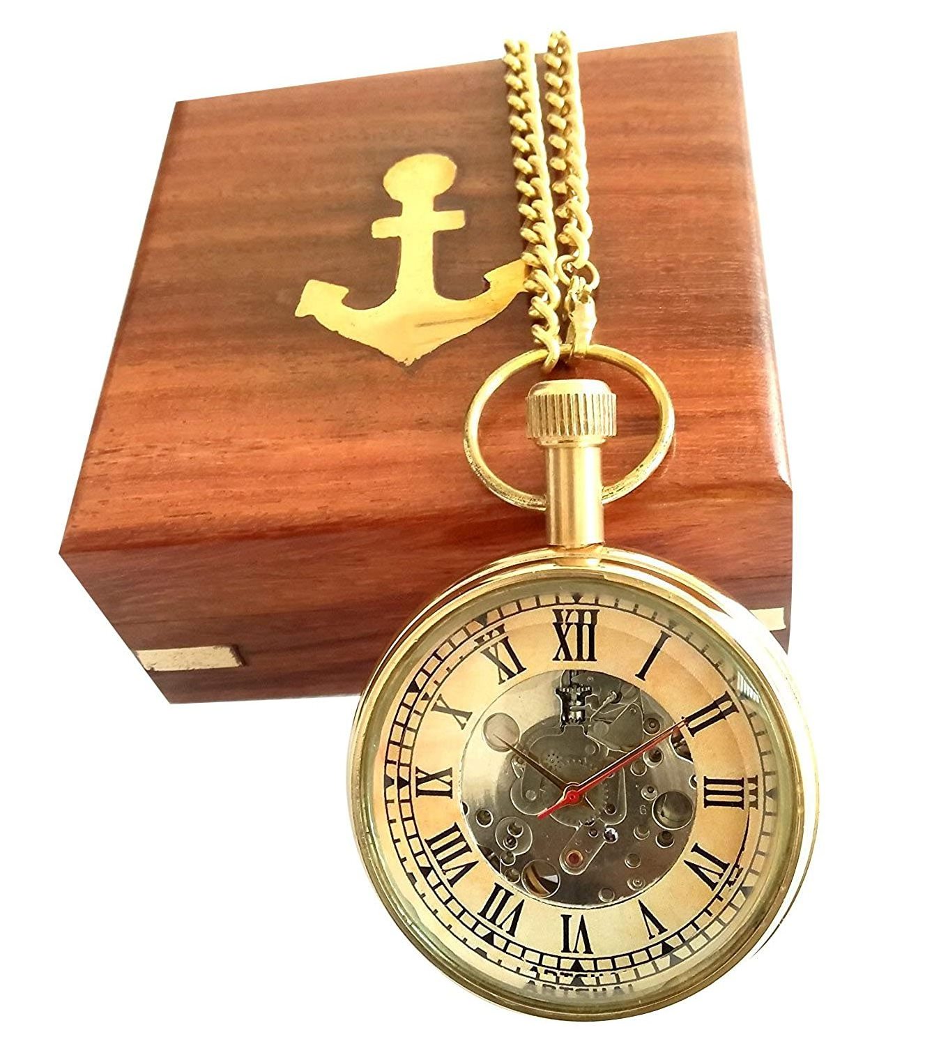 Designer Mechanical Pocket Watch with Chain and Wooden Box Direct Selling Available At Wholesale Price