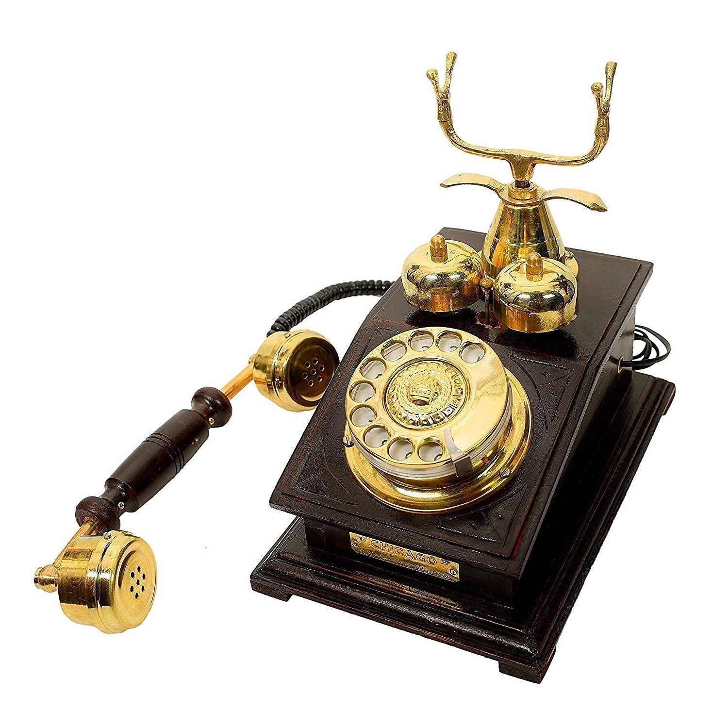 wooden Vintage Collection Black Brass Antique Antique Wooden Landline Working Telephone (Brown)