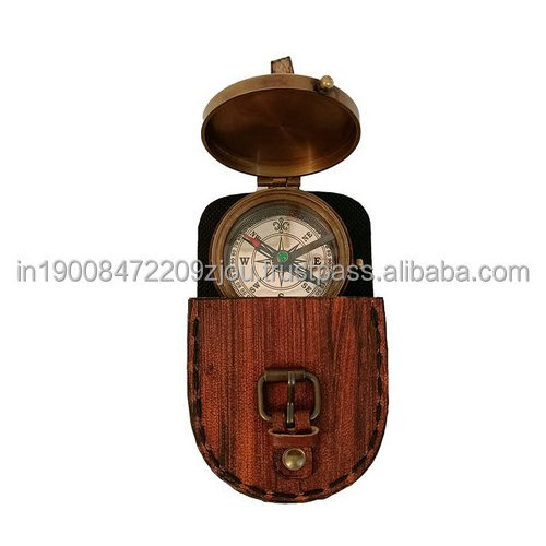 Brass Antique Engraved Dial Flat Compass with Leather Case Vintage Look Pocket Compass with Case in Antique Style