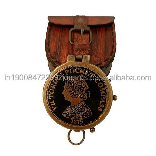 Brass Antique Engraved Dial Flat Compass with Leather Case Vintage Look Pocket Compass with Case in Antique Style