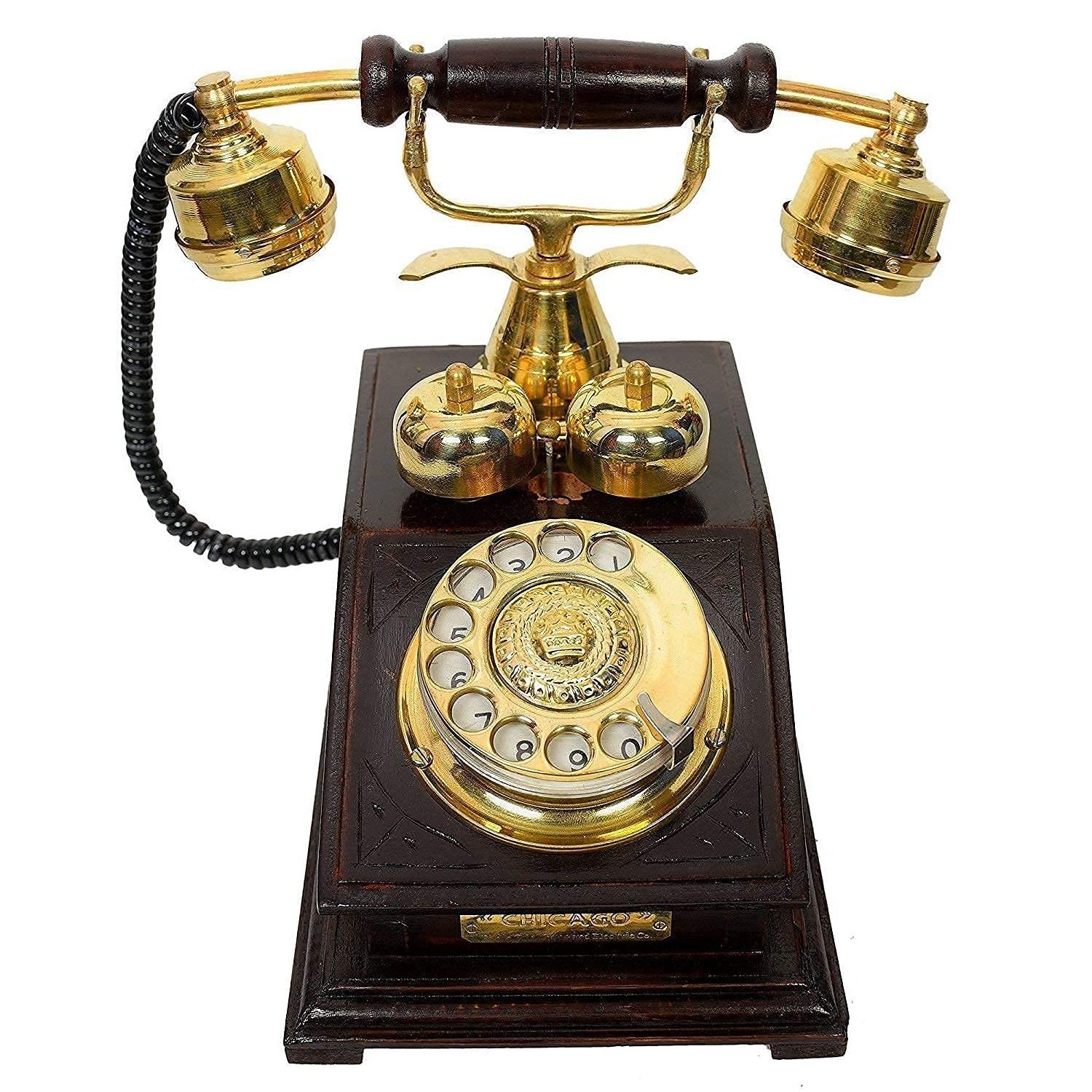 wooden Vintage Collection Black Brass Antique Antique Wooden Landline Working Telephone (Brown)