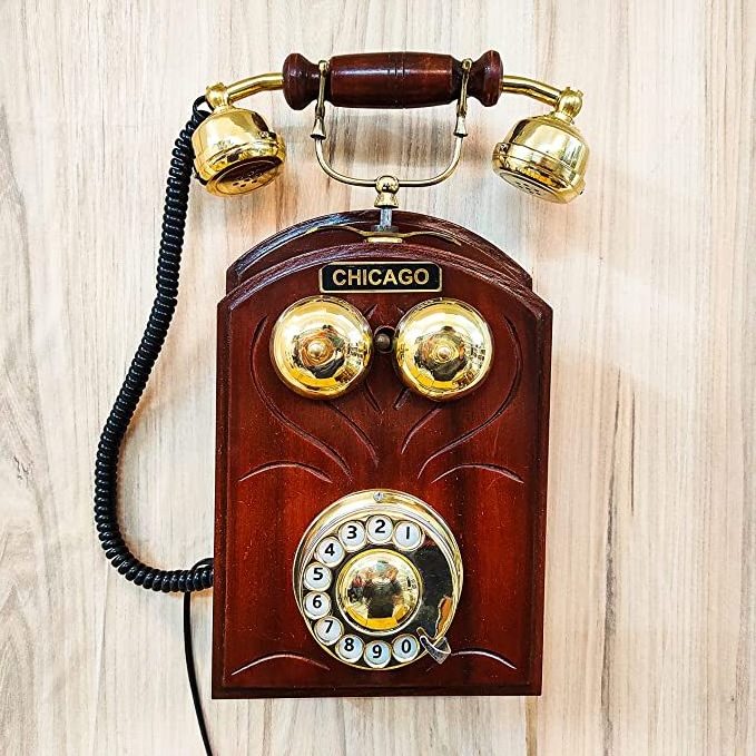 Antique Style Wood Made Handmade Royal King Telephone Wall Hanging Collectible Home and office brass telephone Decorative item