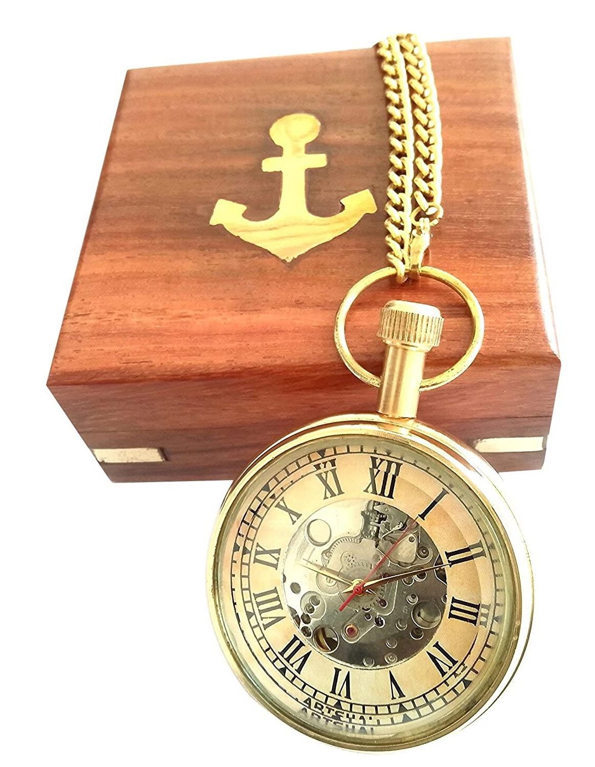 Designer Mechanical Pocket Watch with Chain and Wooden Box Direct Selling Available At Wholesale Price