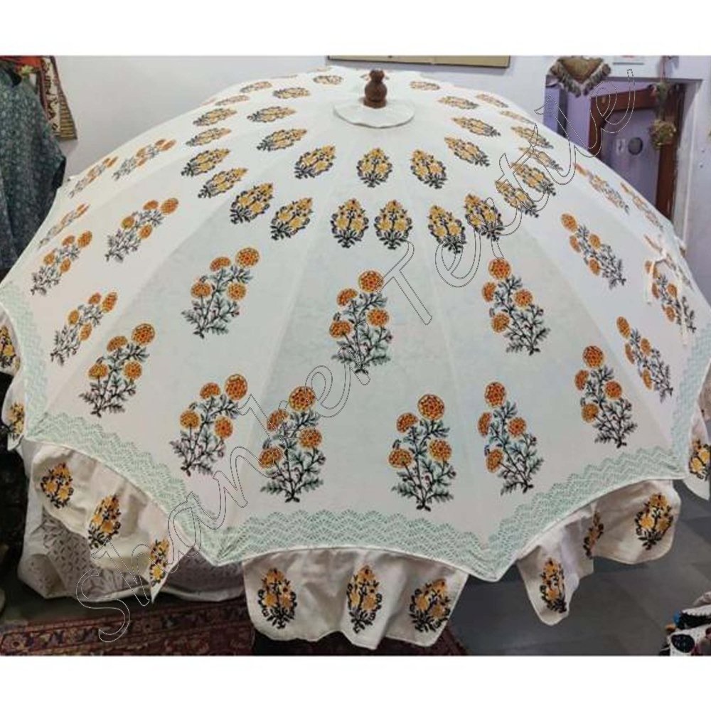 Indian Handmade Umbrella Sun Protection Block Print Parasol Umbrella