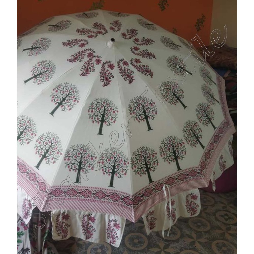 Indian Handmade Umbrella Sun Protection Block Print Parasol Umbrella