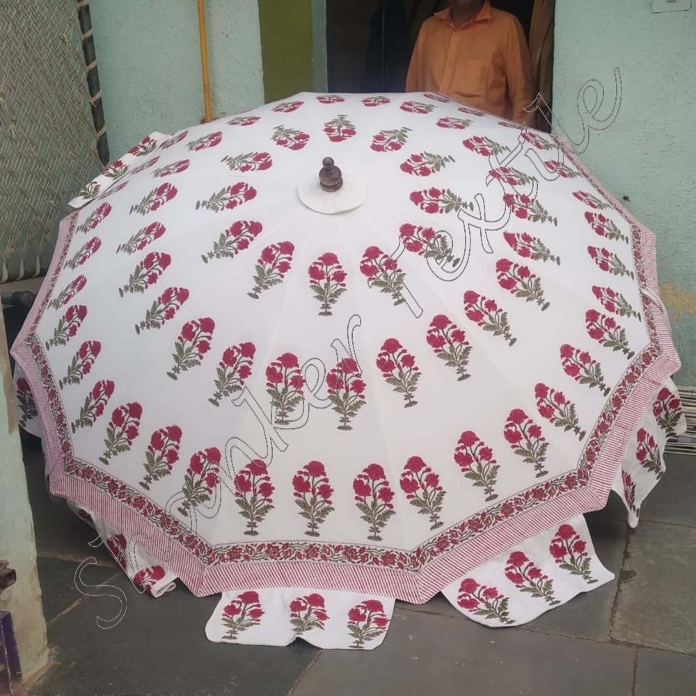 Indian Garden Decorative Large Umbrella Sun Shade Cotton Outdoor Parasol Designer Block Print Cotton Umbrella