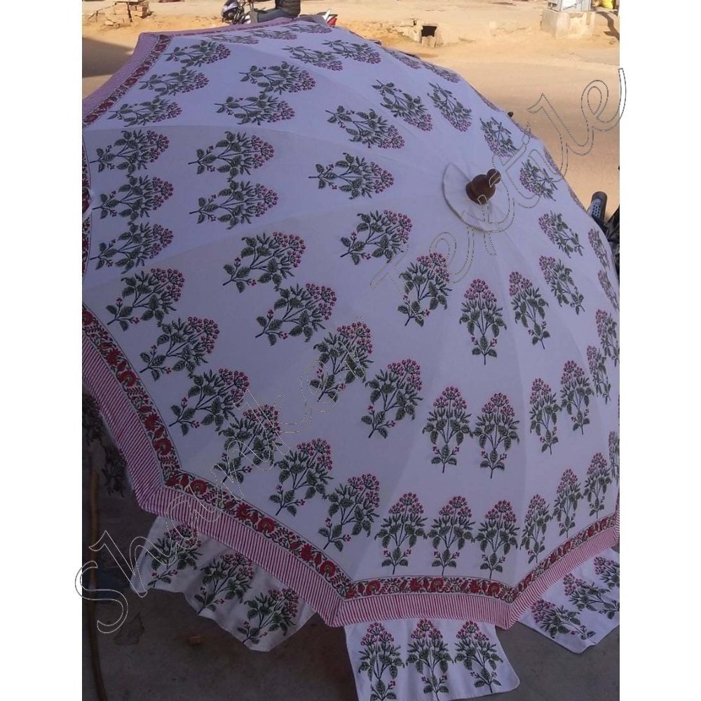 Indian Garden Decorative Large Umbrella Sun Shade Cotton Outdoor Parasol Designer Block Print Cotton Umbrella