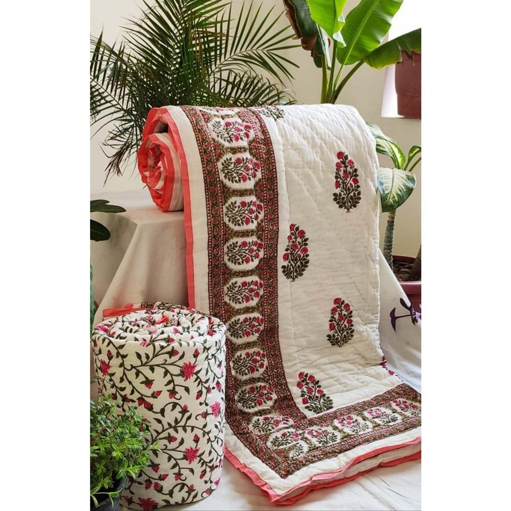 Indian Cotton Floral Print Queen Coverlet Jaipuri Decor Rajai Bedspread Blanket Ethnic Bed Spread Home Decor Throw Bed Blanket