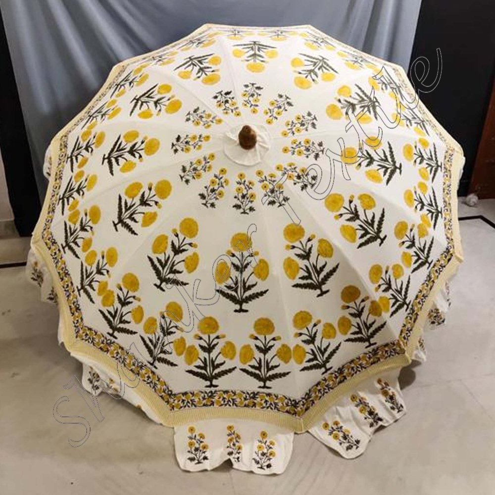 Indian Handmade Summer Protection Sun Parasol Umbrella Cotton Beach Umbrella Traditional Boho Block Print Garden Patio Umbrella