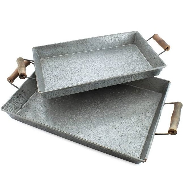 Blessed trays set metal tray with wooden handle Galvanized Steel metal rectangular shape serving tray for home