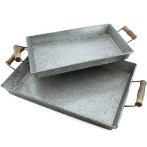 Blessed trays set metal tray with wooden handle Galvanized Steel metal rectangular shape serving tray for home