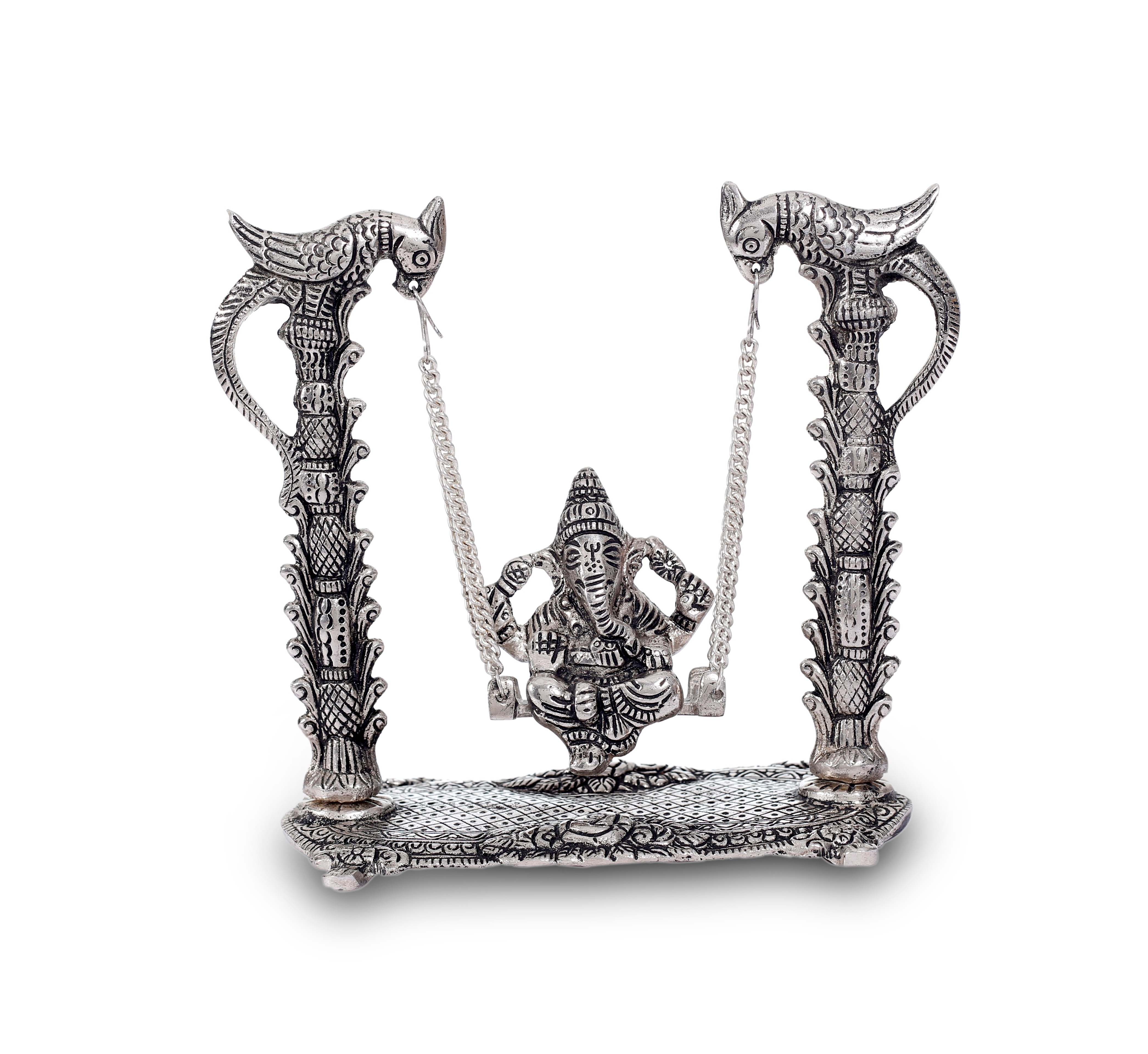 Hand Craved Metal Silver Plated Lord Ganesh Swing Statue For Home Decoration Ganpati With Jula For Home Wedding Gift