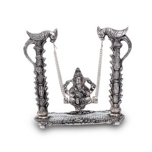 Hand Craved Metal Silver Plated Lord Ganesh Swing Statue For Home Decoration Ganpati With Jula For Home Wedding Gift