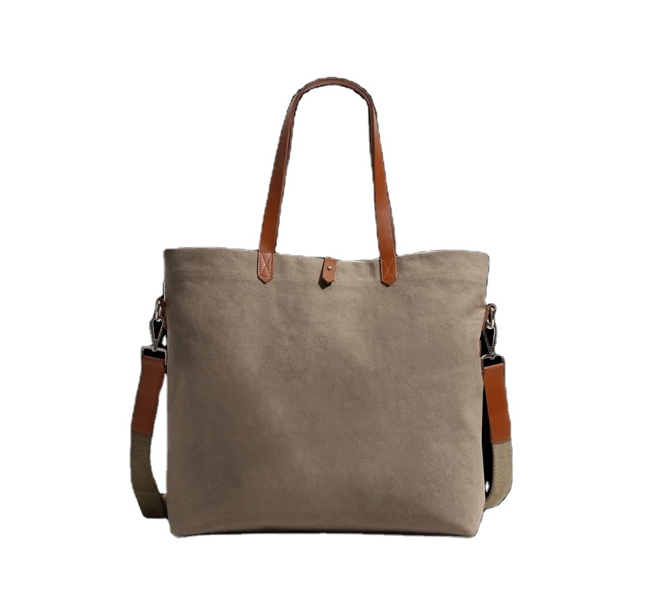 Premium Quality Cotton Canvas Tote Bag Leather Strap with Bottle Compartment Handbag for Women